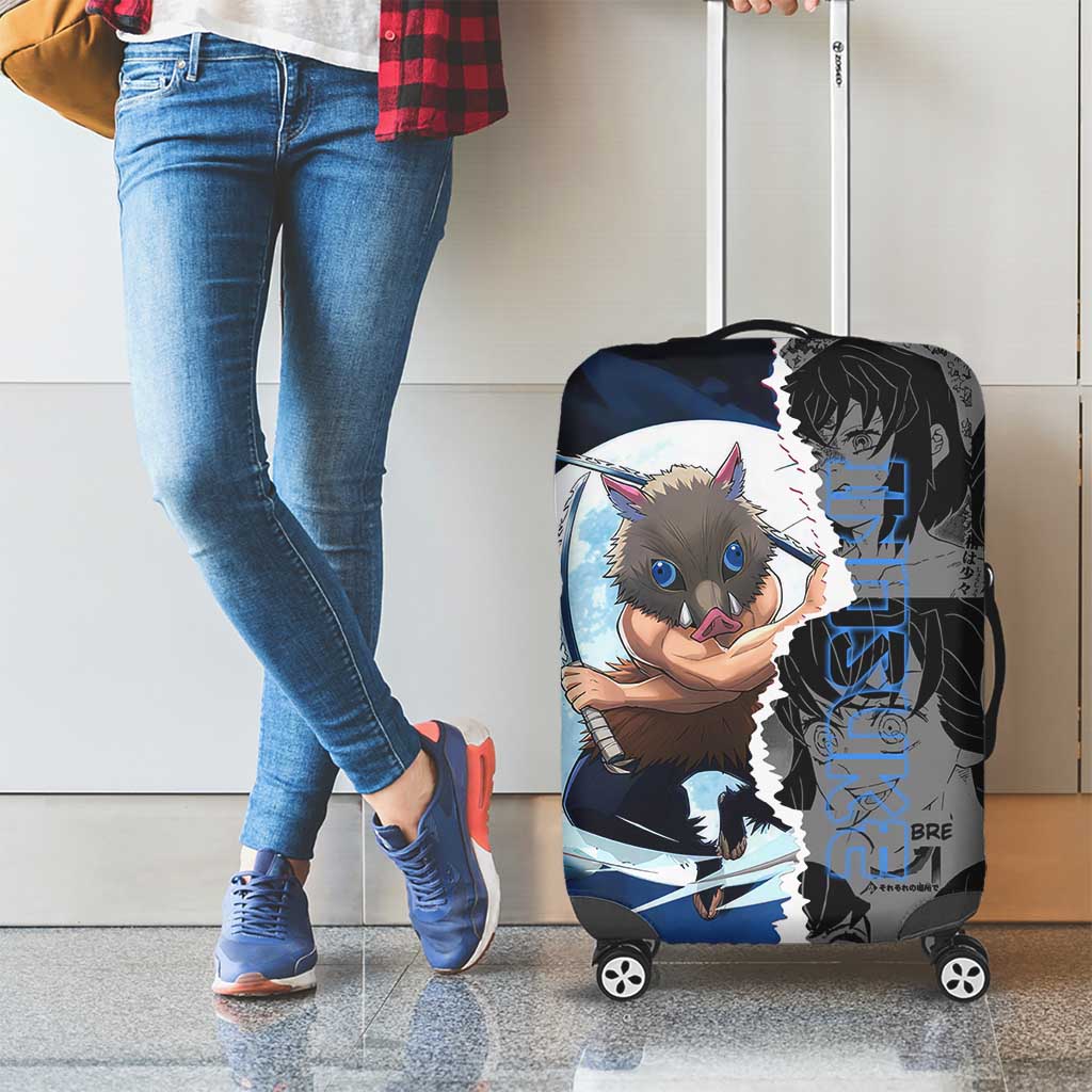 Inosuke Demon Slayer Blue and Black Theme Luggage Cover with Boar Mask and Manga Collage Action Design - The Mazicc