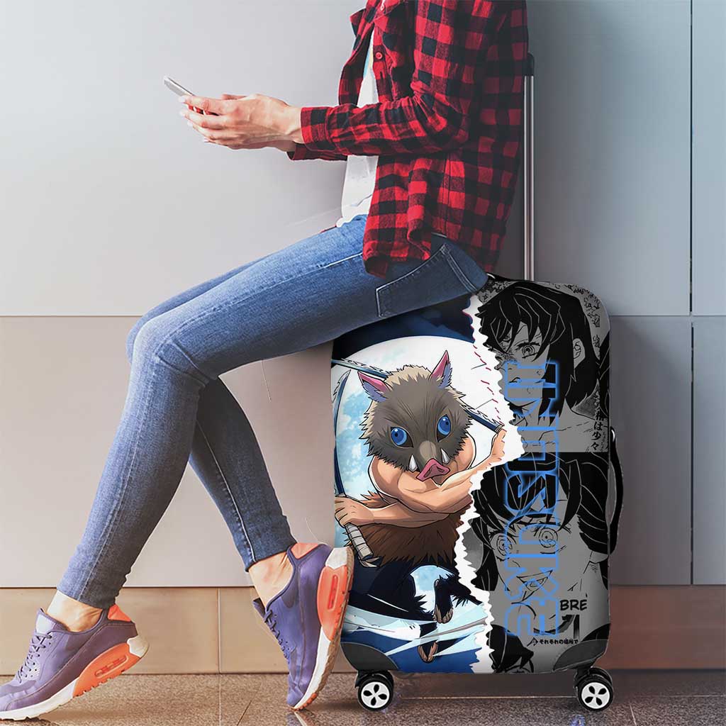 Inosuke Demon Slayer Blue and Black Theme Luggage Cover with Boar Mask and Manga Collage Action Design - The Mazicc