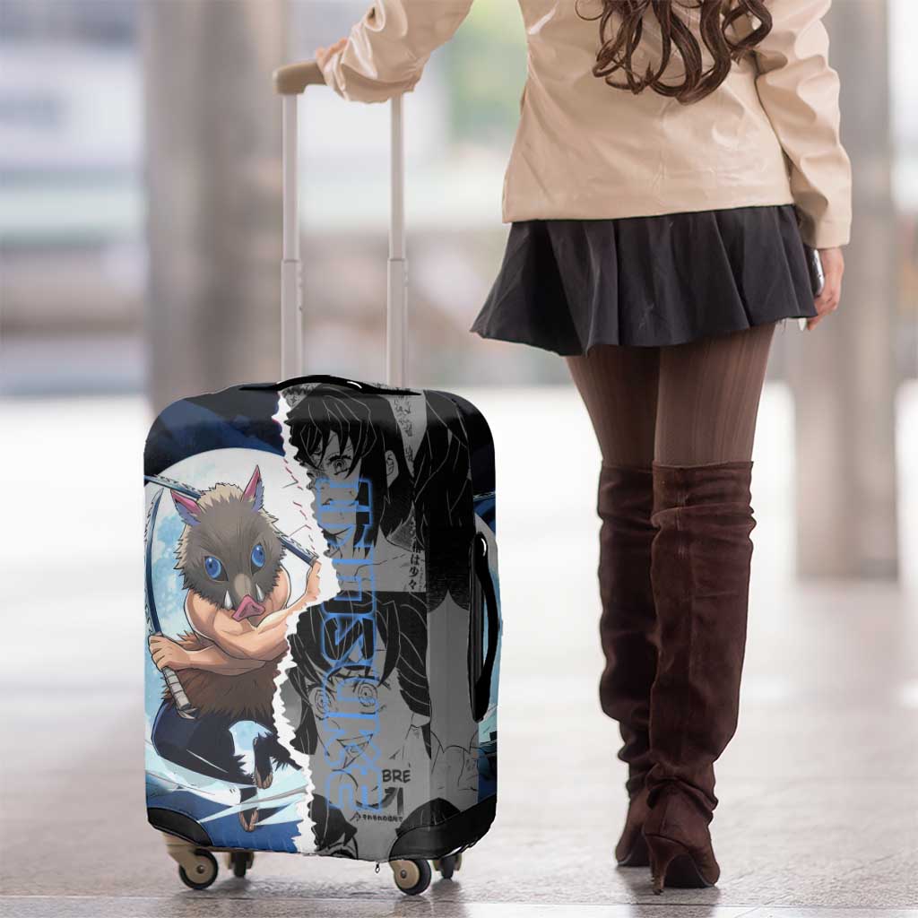 Inosuke Demon Slayer Blue and Black Theme Luggage Cover with Boar Mask and Manga Collage Action Design - The Mazicc