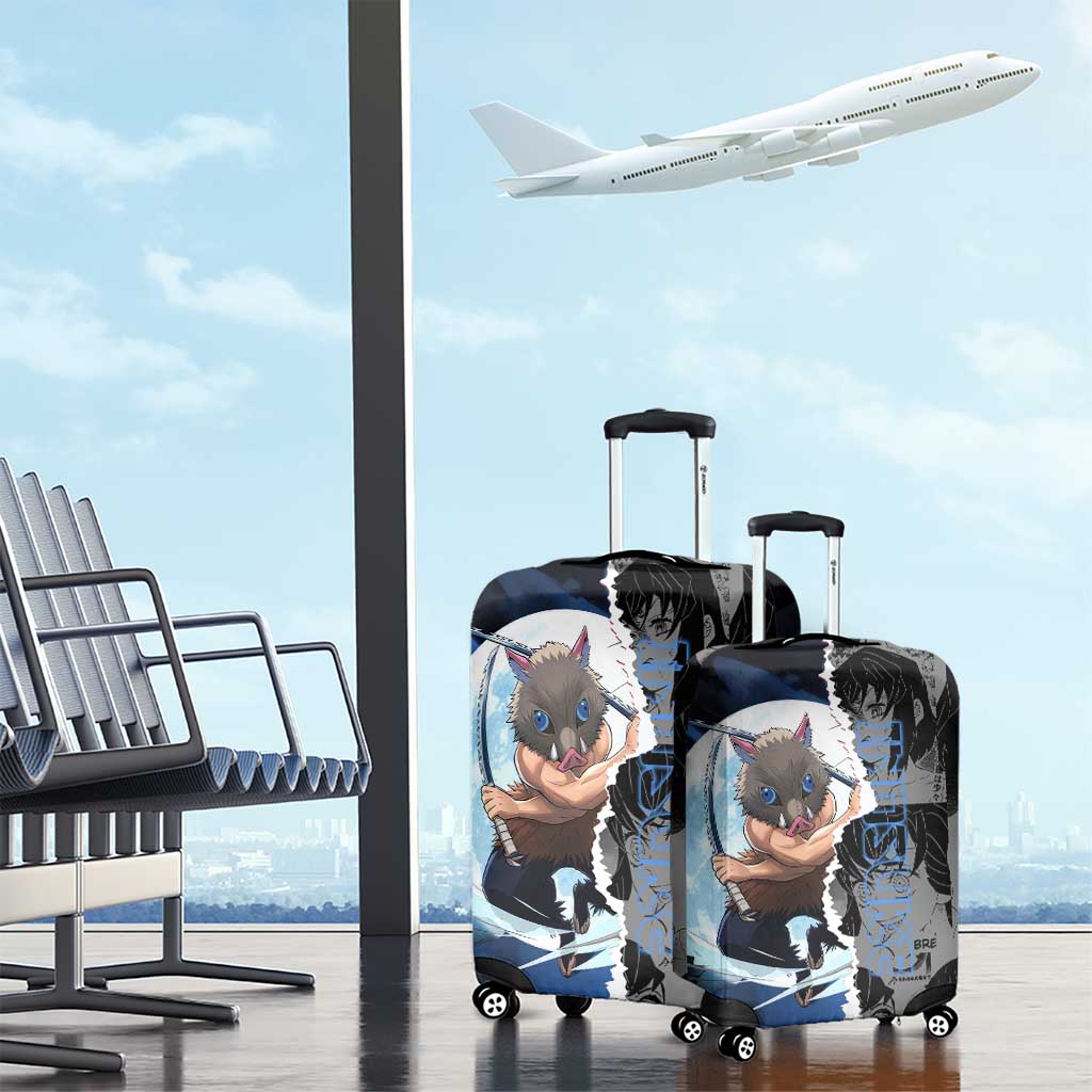 Inosuke Demon Slayer Blue and Black Theme Luggage Cover with Boar Mask and Manga Collage Action Design - The Mazicc