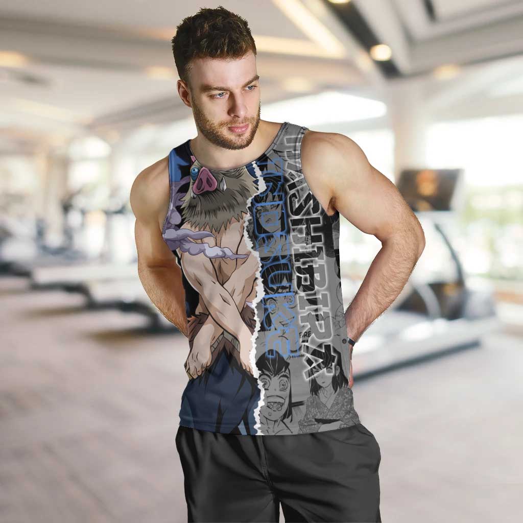 Inosuke Demon Slayer Blue and Black Theme Men Tank Top with Boar Mask and Manga Collage Action Design - The Mazicc