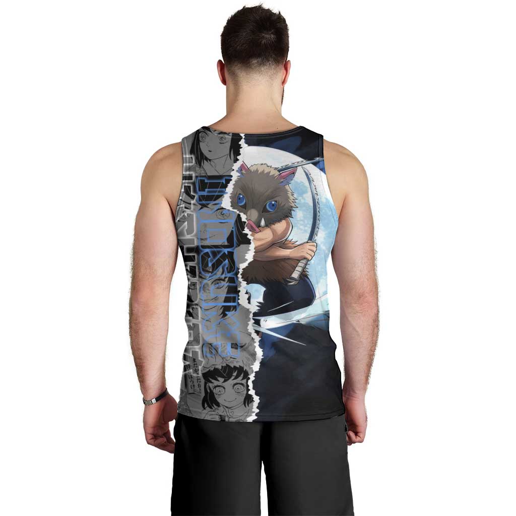 Inosuke Demon Slayer Blue and Black Theme Men Tank Top with Boar Mask and Manga Collage Action Design - The Mazicc