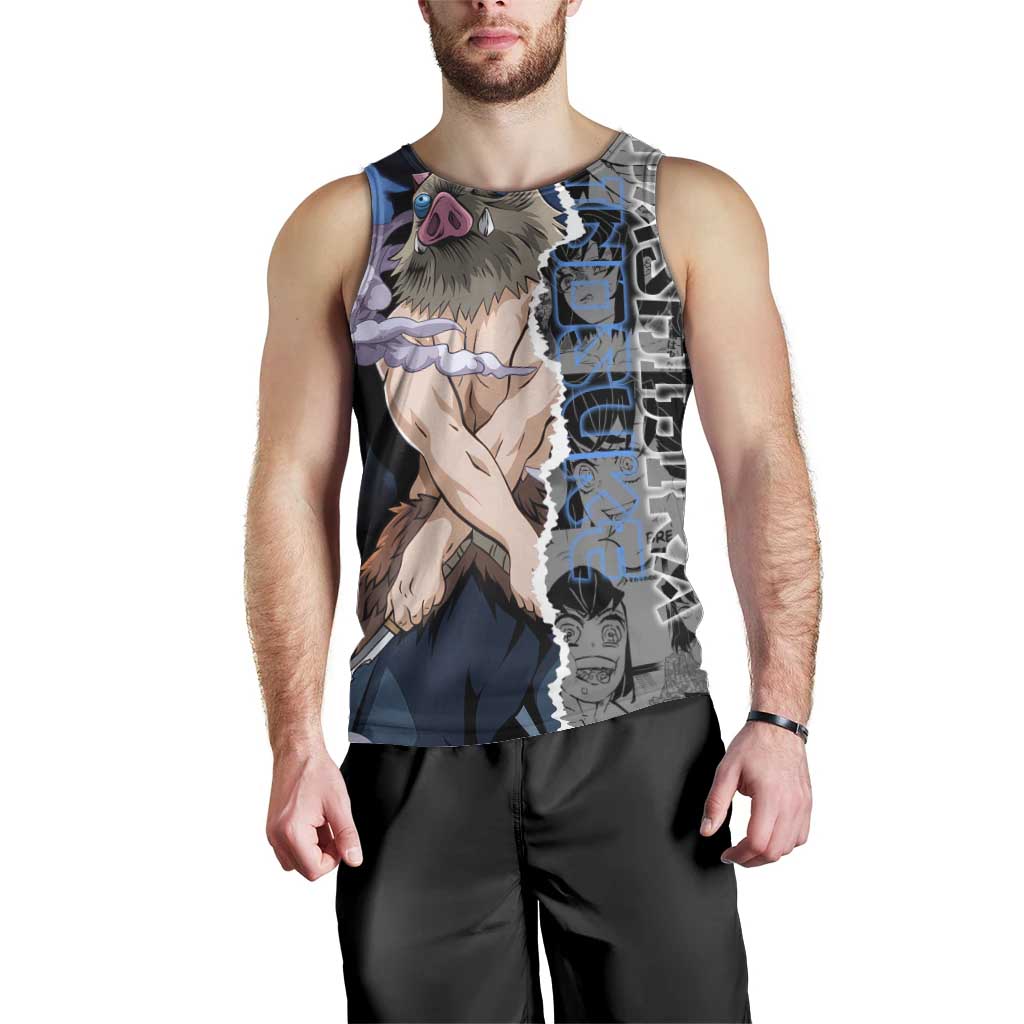 Inosuke Demon Slayer Blue and Black Theme Men Tank Top with Boar Mask and Manga Collage Action Design - The Mazicc