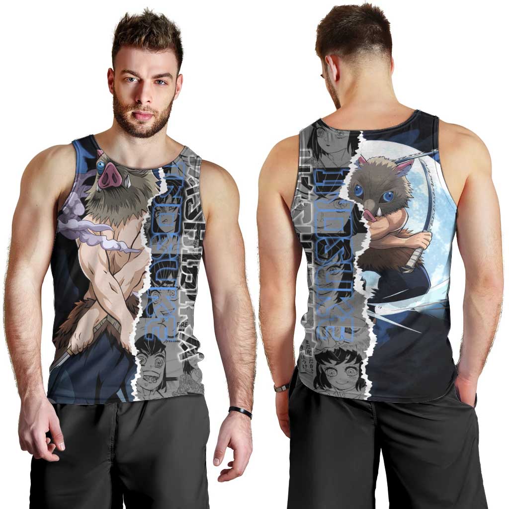 Inosuke Demon Slayer Blue and Black Theme Men Tank Top with Boar Mask and Manga Collage Action Design - The Mazicc