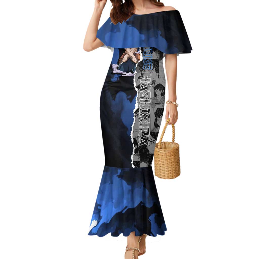 Inosuke Demon Slayer Blue and Black Theme Mermaid Dress with Boar Mask and Manga Collage Action Design - The Mazicc