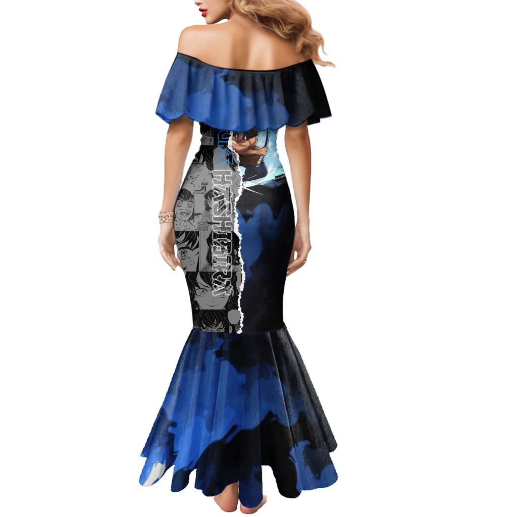 Inosuke Demon Slayer Blue and Black Theme Mermaid Dress with Boar Mask and Manga Collage Action Design - The Mazicc