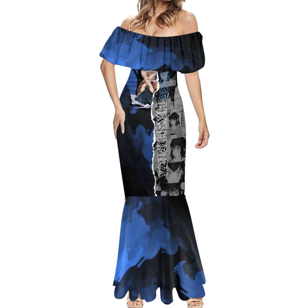 Inosuke Demon Slayer Blue and Black Theme Mermaid Dress with Boar Mask and Manga Collage Action Design - The Mazicc