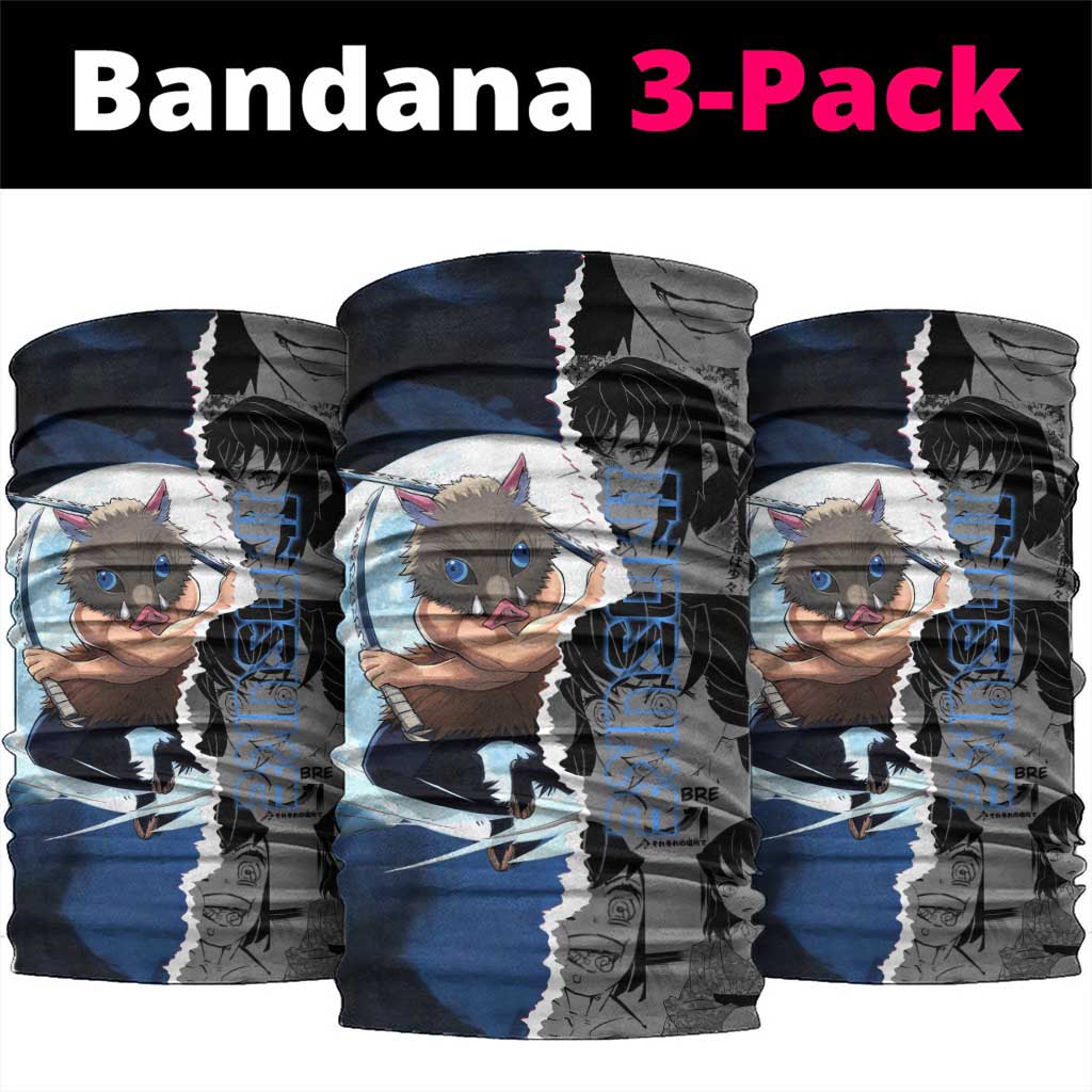 Inosuke Demon Slayer Blue and Black Theme Neck Gaiter with Boar Mask and Manga Collage Action Design - The Mazicc