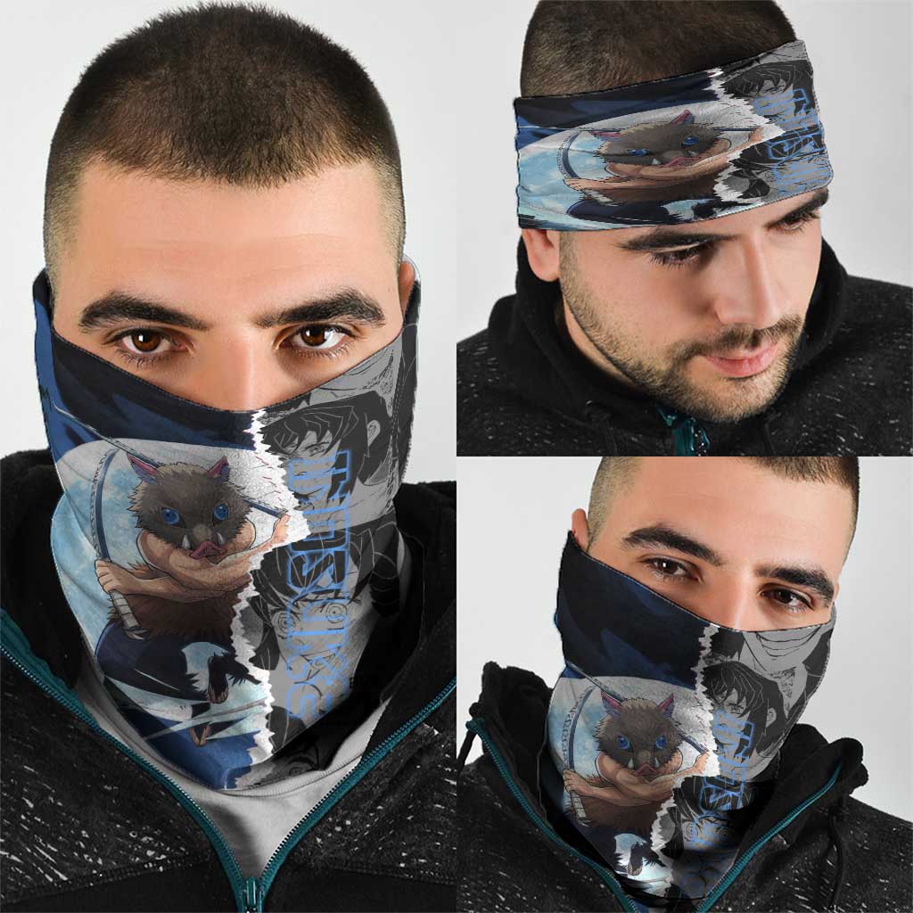 Inosuke Demon Slayer Blue and Black Theme Neck Gaiter with Boar Mask and Manga Collage Action Design - The Mazicc