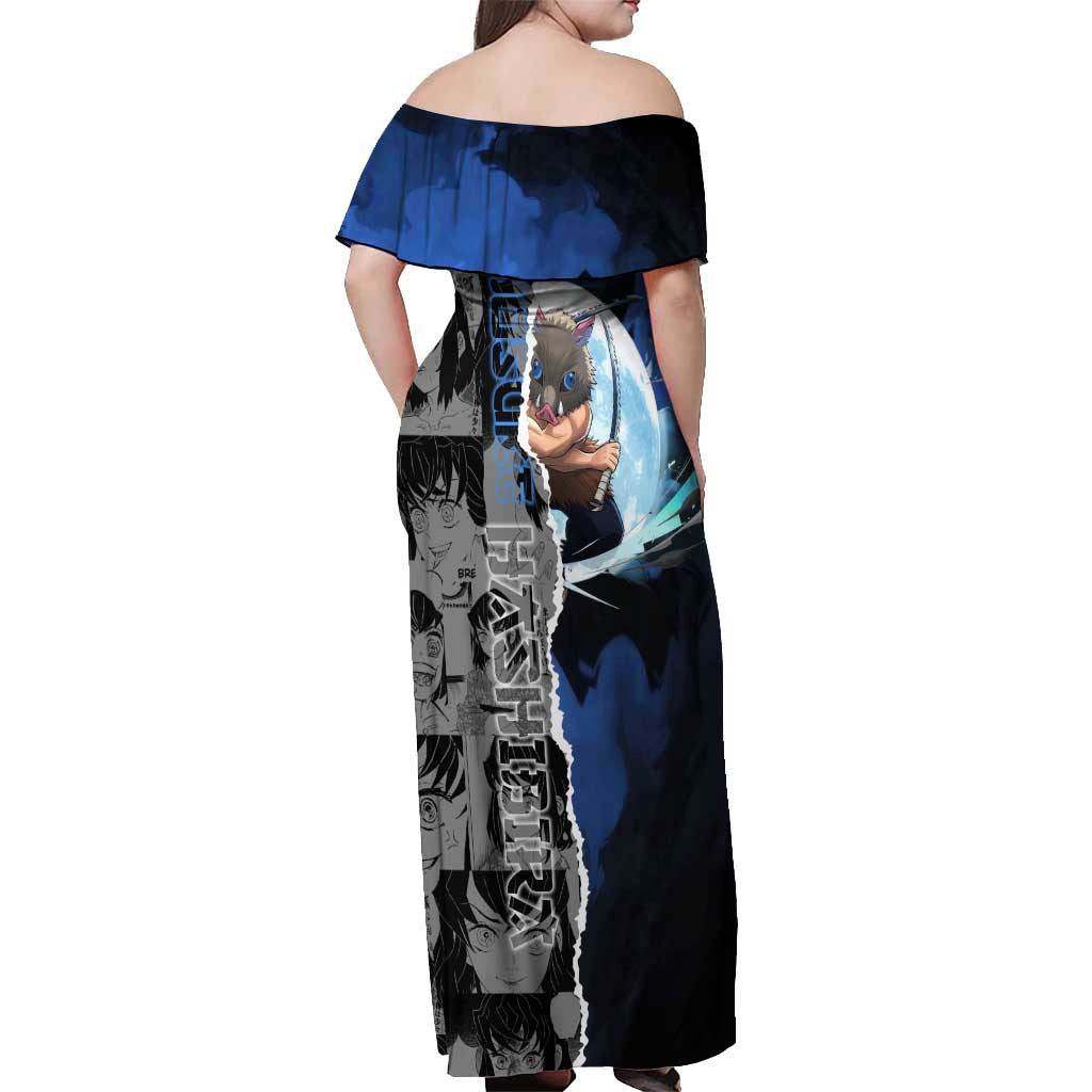 Inosuke Demon Slayer Blue and Black Theme Off Shoulder Maxi Dress with Boar Mask and Manga Collage Action Design - The Mazicc