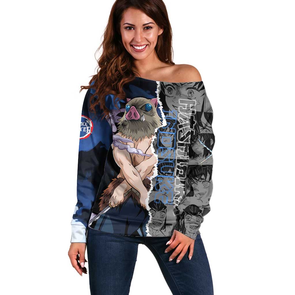 Inosuke Demon Slayer Blue and Black Theme Off Shoulder Sweater with Boar Mask and Manga Collage Action Design - The Mazicc