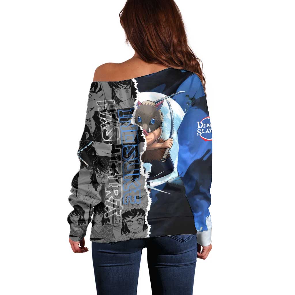 Inosuke Demon Slayer Blue and Black Theme Off Shoulder Sweater with Boar Mask and Manga Collage Action Design - The Mazicc