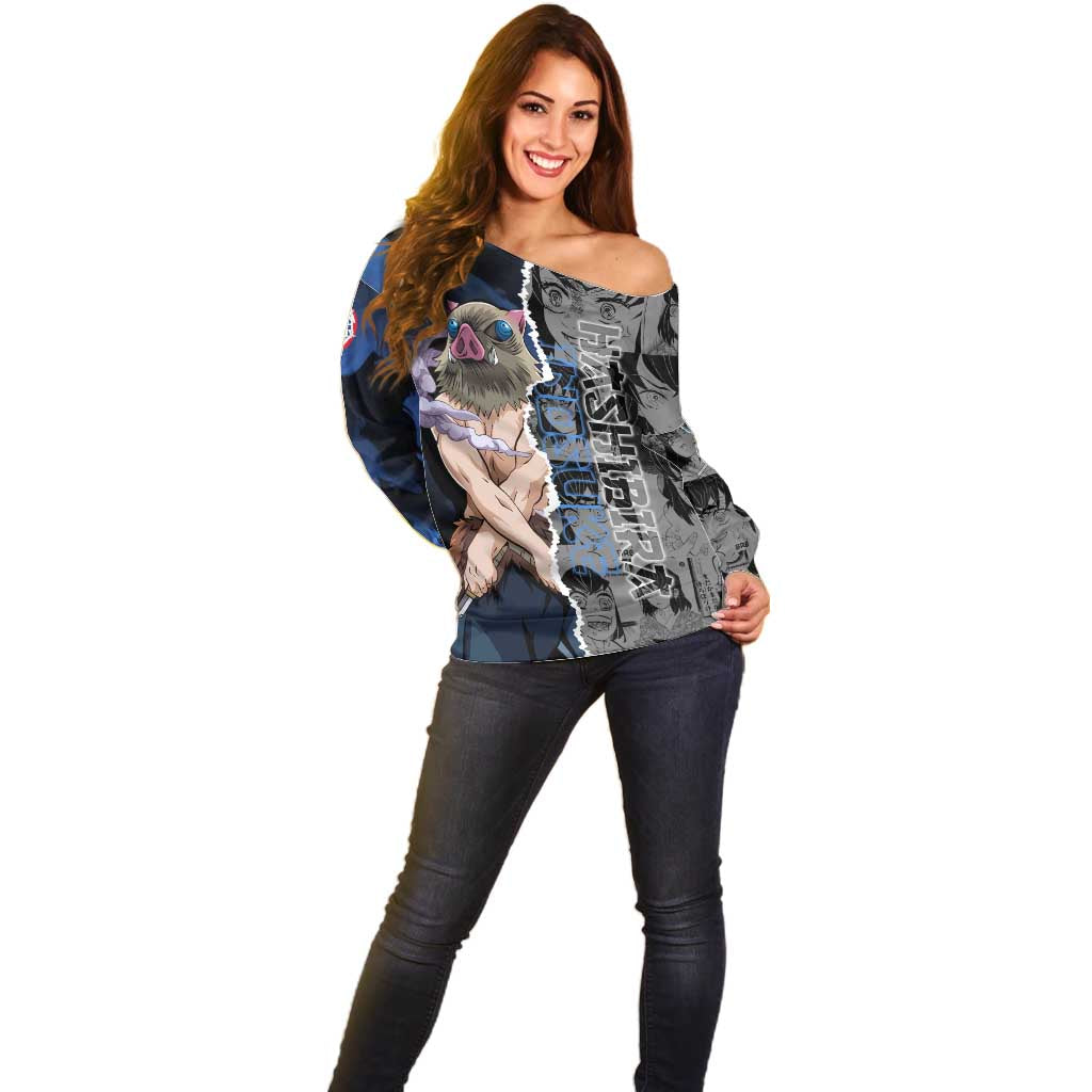 Inosuke Demon Slayer Blue and Black Theme Off Shoulder Sweater with Boar Mask and Manga Collage Action Design - The Mazicc