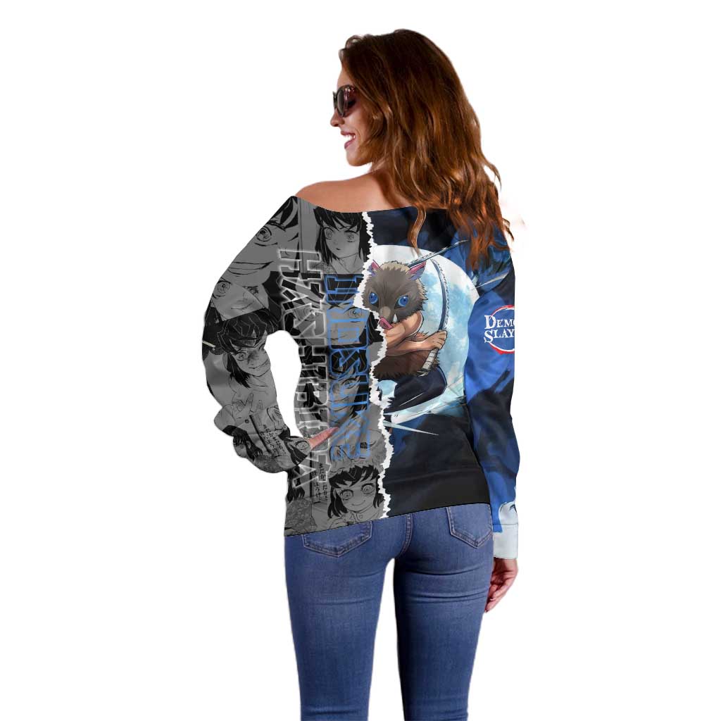 Inosuke Demon Slayer Blue and Black Theme Off Shoulder Sweater with Boar Mask and Manga Collage Action Design - The Mazicc