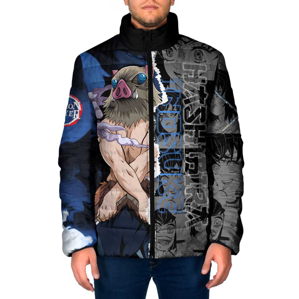 Inosuke Demon Slayer Blue and Black Theme Padded Jacket with Boar Mask and Manga Collage Action Design - The Mazicc