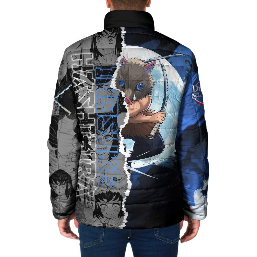 Inosuke Demon Slayer Blue and Black Theme Padded Jacket with Boar Mask and Manga Collage Action Design - The Mazicc