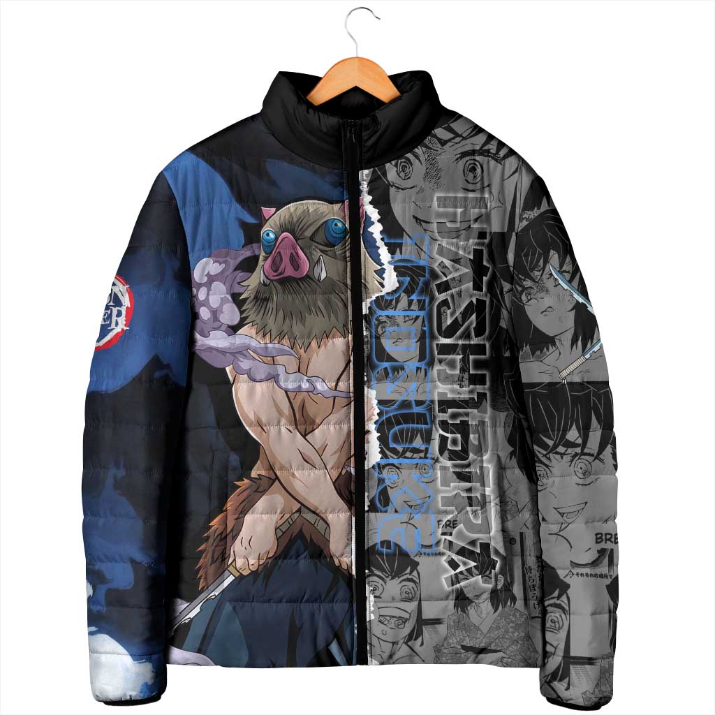 Inosuke Demon Slayer Blue and Black Theme Padded Jacket with Boar Mask and Manga Collage Action Design - The Mazicc