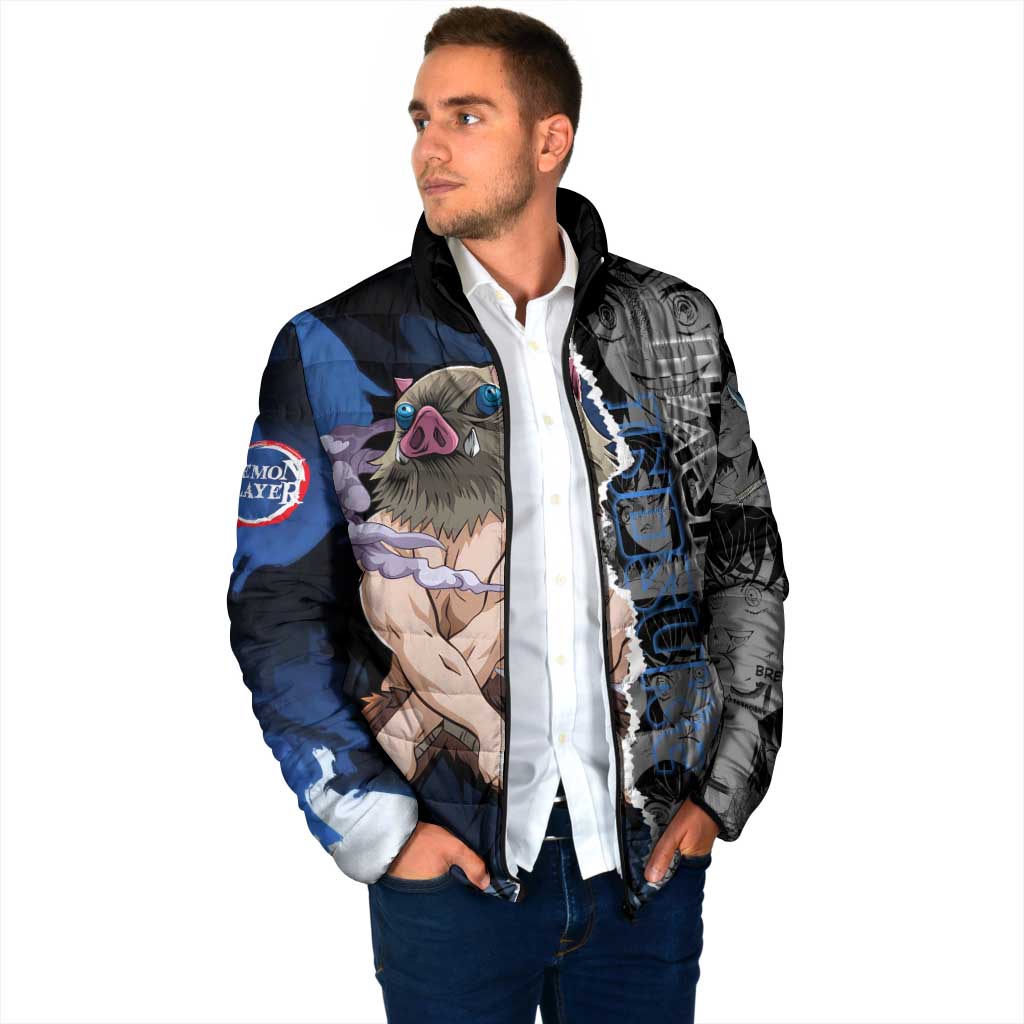 Inosuke Demon Slayer Blue and Black Theme Padded Jacket with Boar Mask and Manga Collage Action Design - The Mazicc