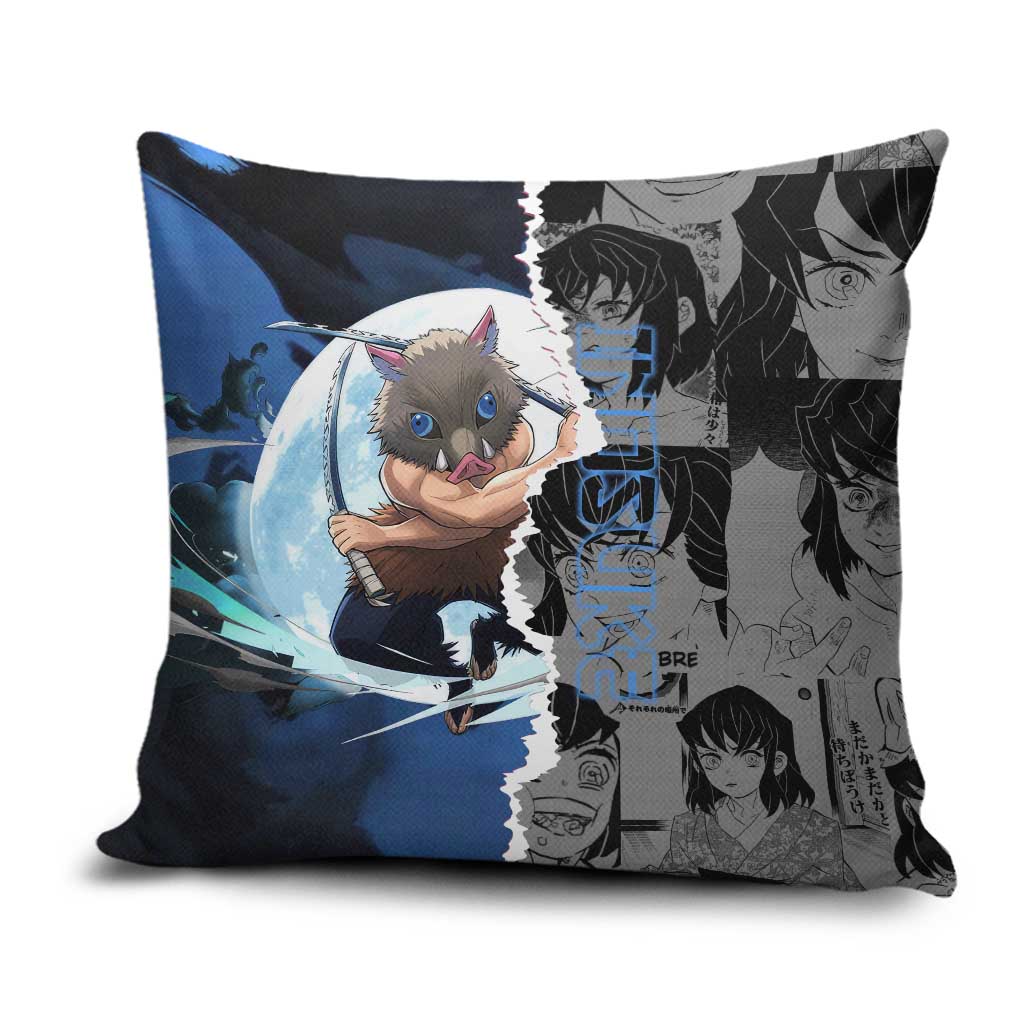 Inosuke Demon Slayer Blue and Black Theme Pillow Cover with Boar Mask and Manga Collage Action Design - The Mazicc