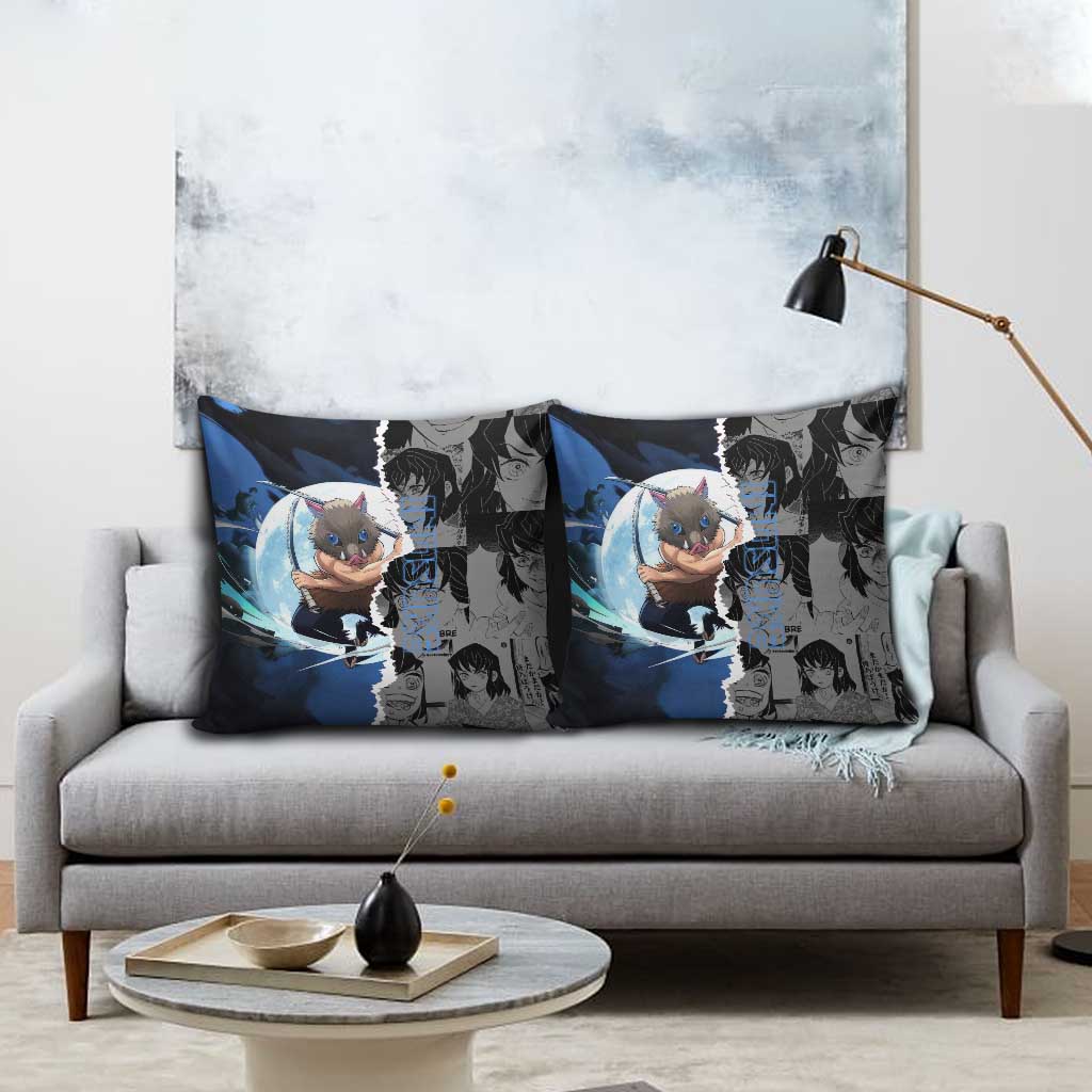 Inosuke Demon Slayer Blue and Black Theme Pillow Cover with Boar Mask and Manga Collage Action Design - The Mazicc