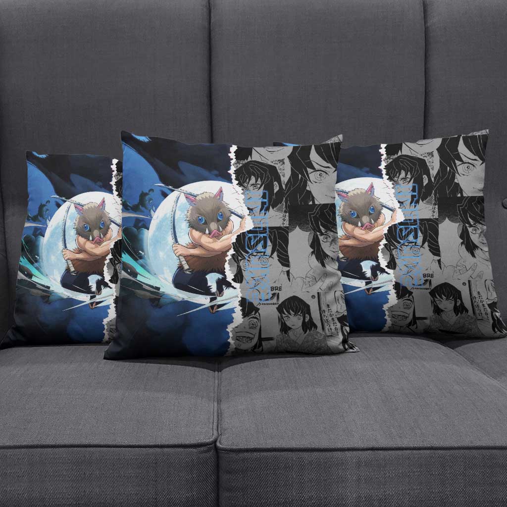 Inosuke Demon Slayer Blue and Black Theme Pillow Cover with Boar Mask and Manga Collage Action Design - The Mazicc