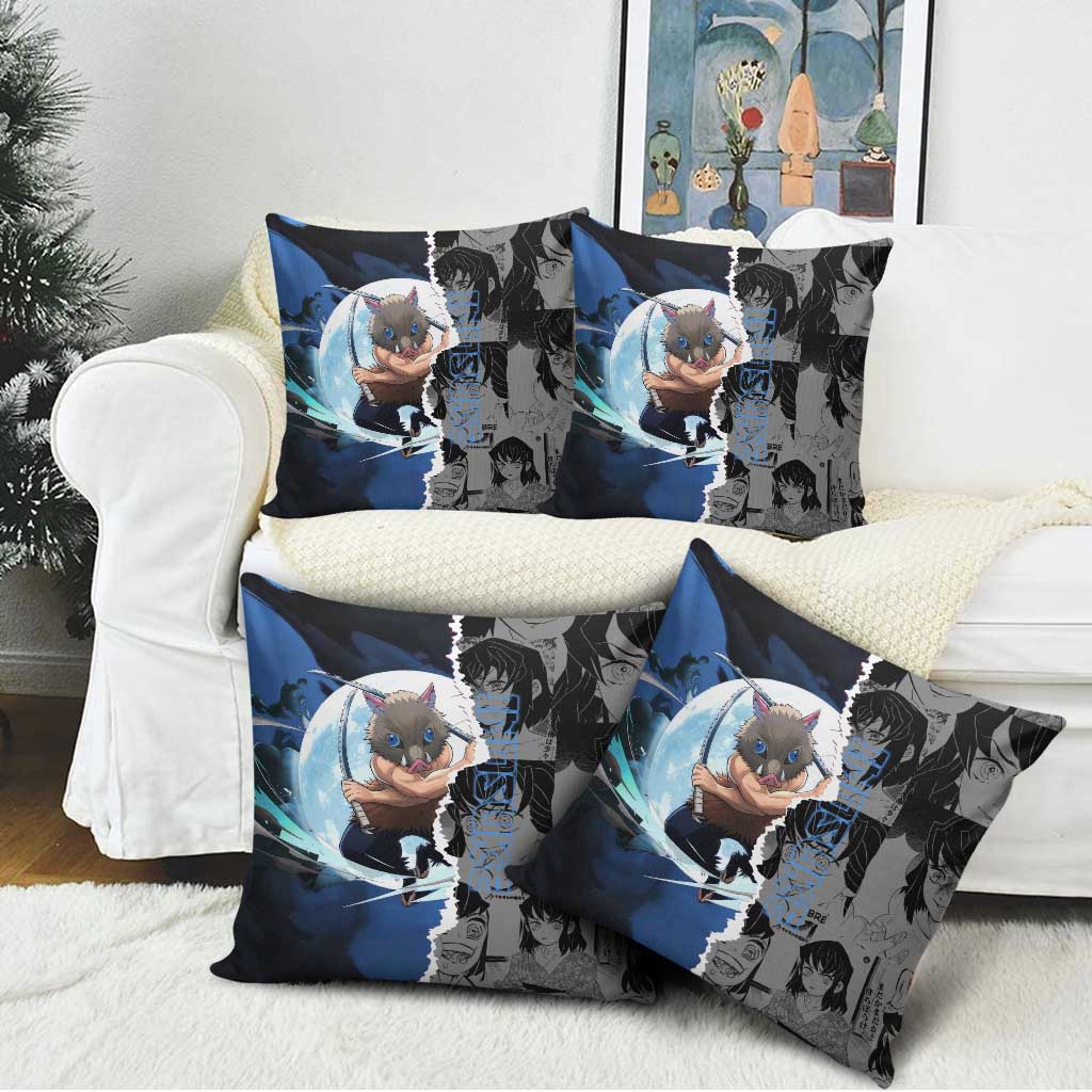 Inosuke Demon Slayer Blue and Black Theme Pillow Cover with Boar Mask and Manga Collage Action Design - The Mazicc