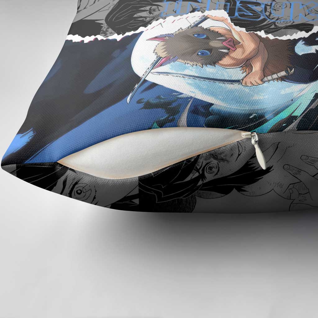 Inosuke Demon Slayer Blue and Black Theme Pillow Cover with Boar Mask and Manga Collage Action Design - The Mazicc
