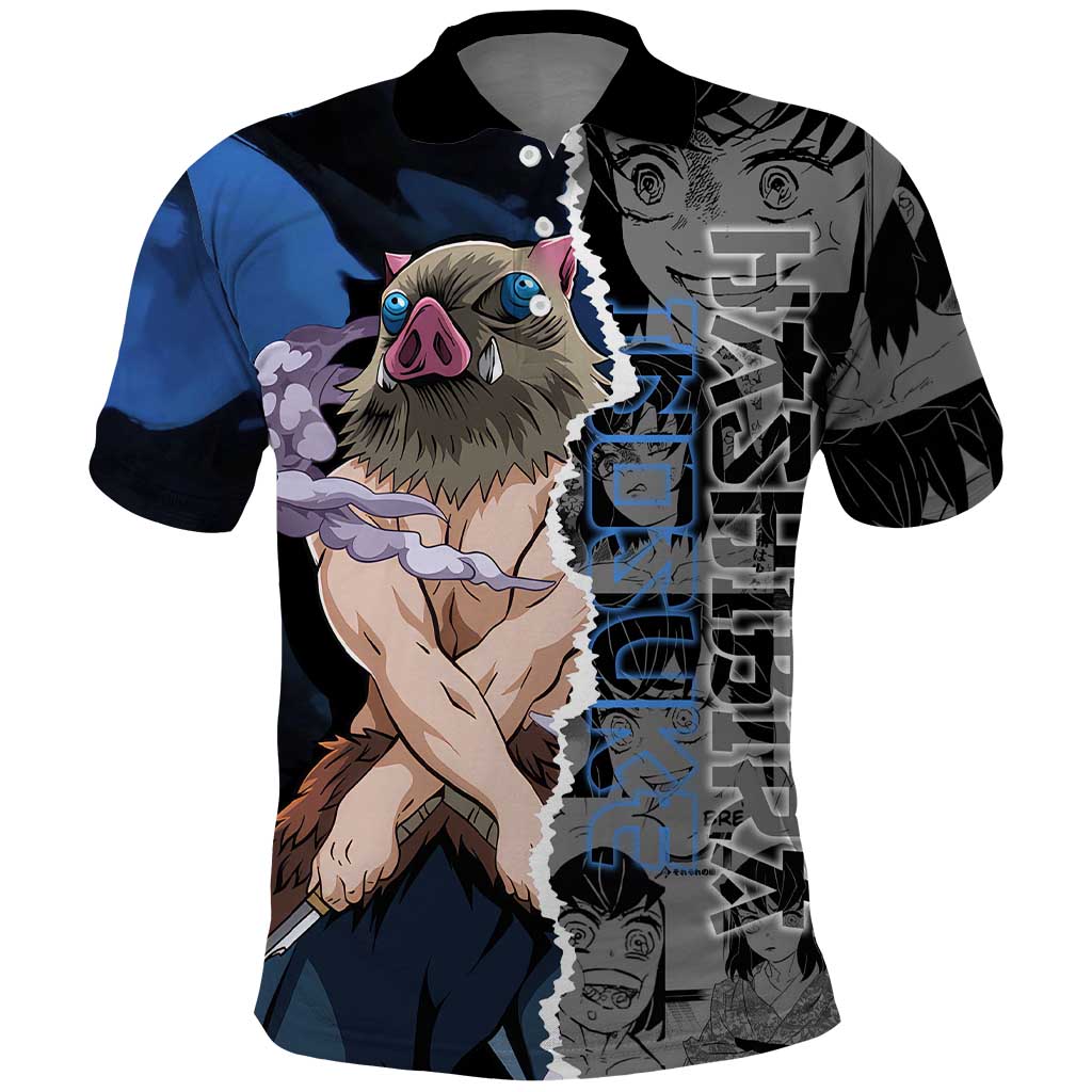Inosuke Demon Slayer Blue and Black Theme Polo Shirt with Boar Mask and Manga Collage Action Design - The Mazicc