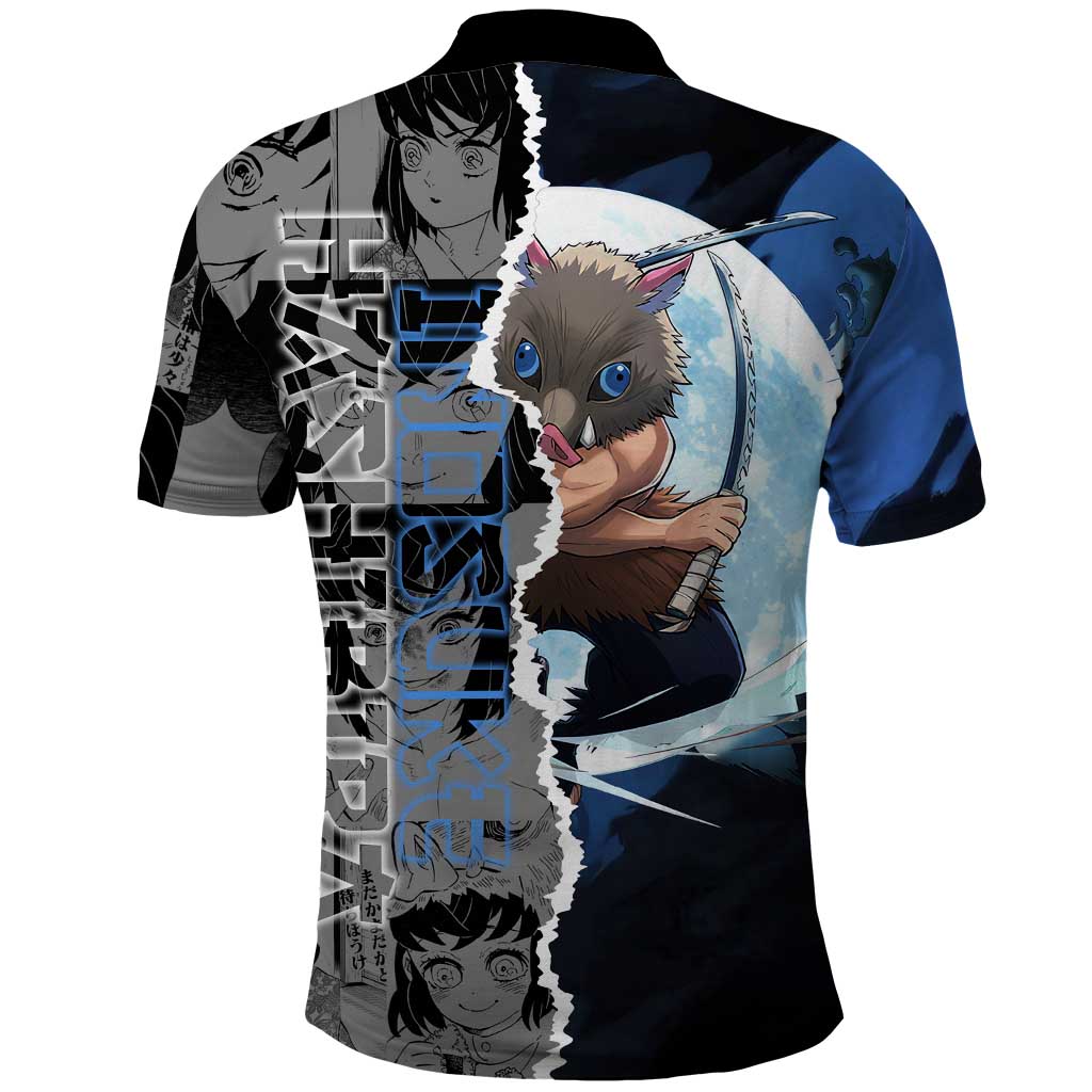 Inosuke Demon Slayer Blue and Black Theme Polo Shirt with Boar Mask and Manga Collage Action Design - The Mazicc