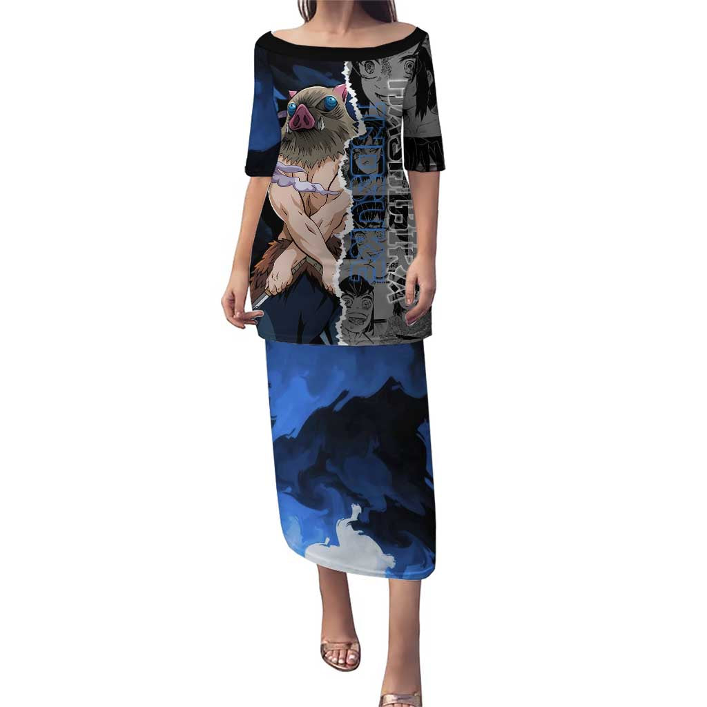 Inosuke Demon Slayer Blue and Black Theme Puletasi with Boar Mask and Manga Collage Action Design - The Mazicc