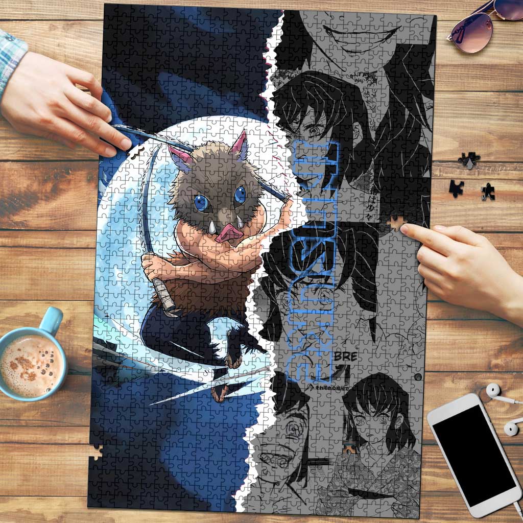 Inosuke Demon Slayer Blue and Black Theme Puzzle with Boar Mask and Manga Collage Action Design - The Mazicc