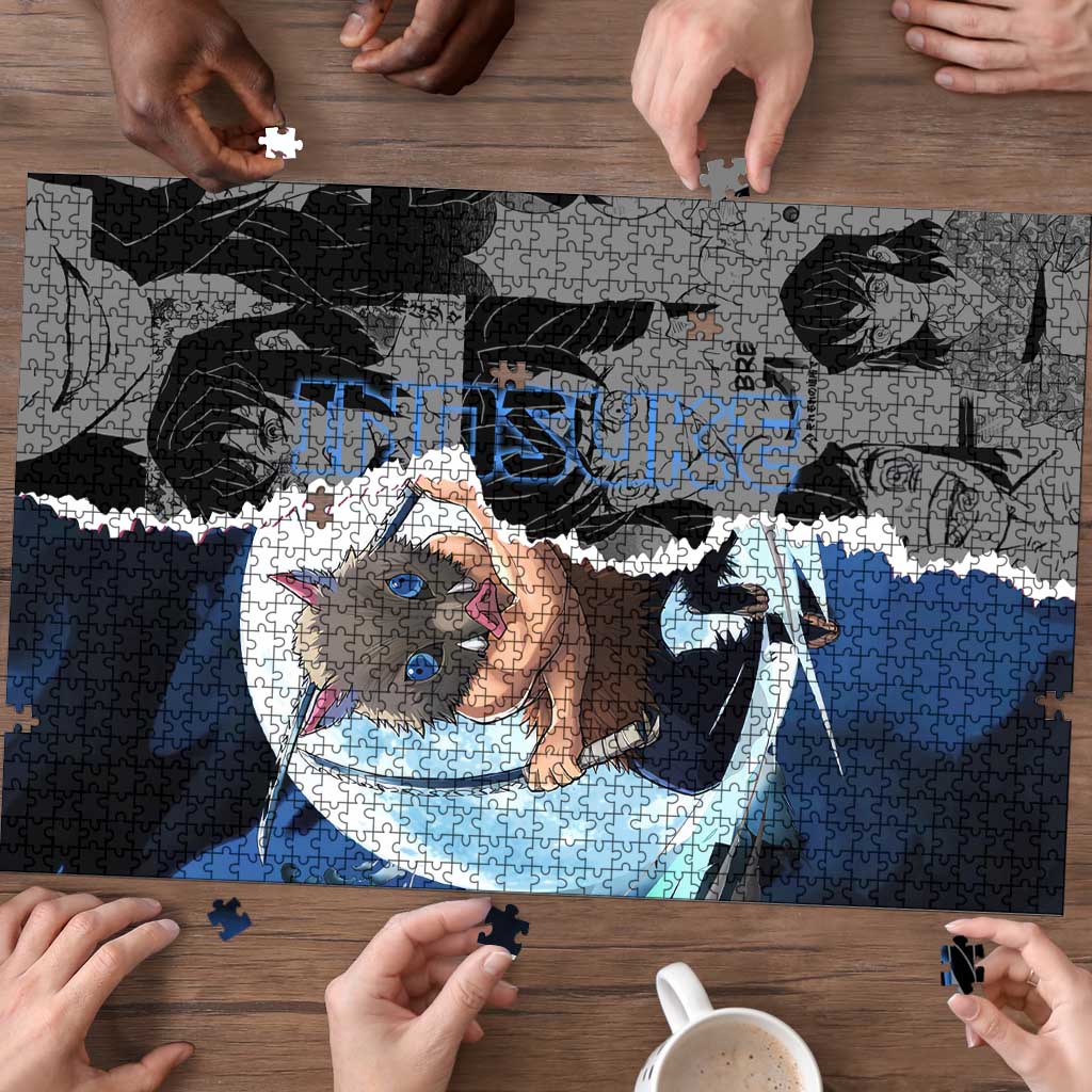Inosuke Demon Slayer Blue and Black Theme Puzzle with Boar Mask and Manga Collage Action Design - The Mazicc