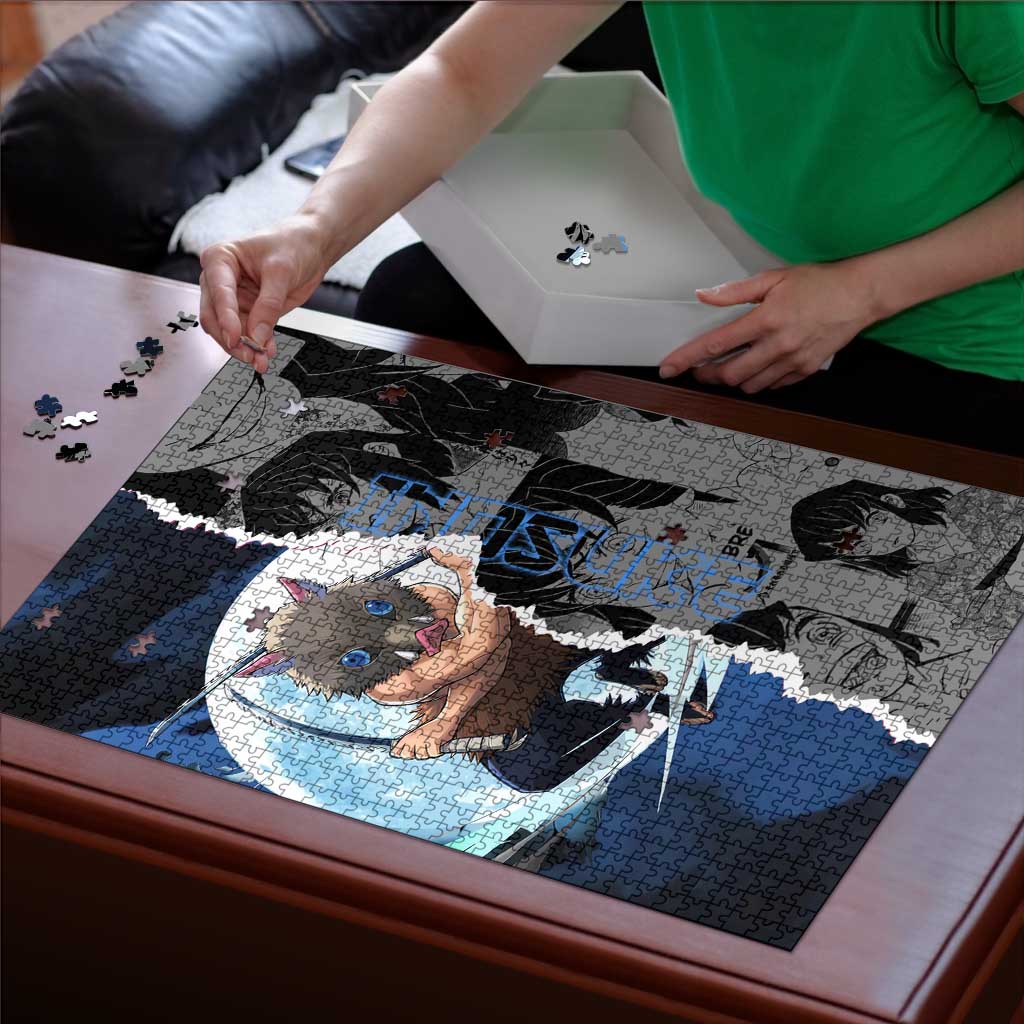 Inosuke Demon Slayer Blue and Black Theme Puzzle with Boar Mask and Manga Collage Action Design - The Mazicc