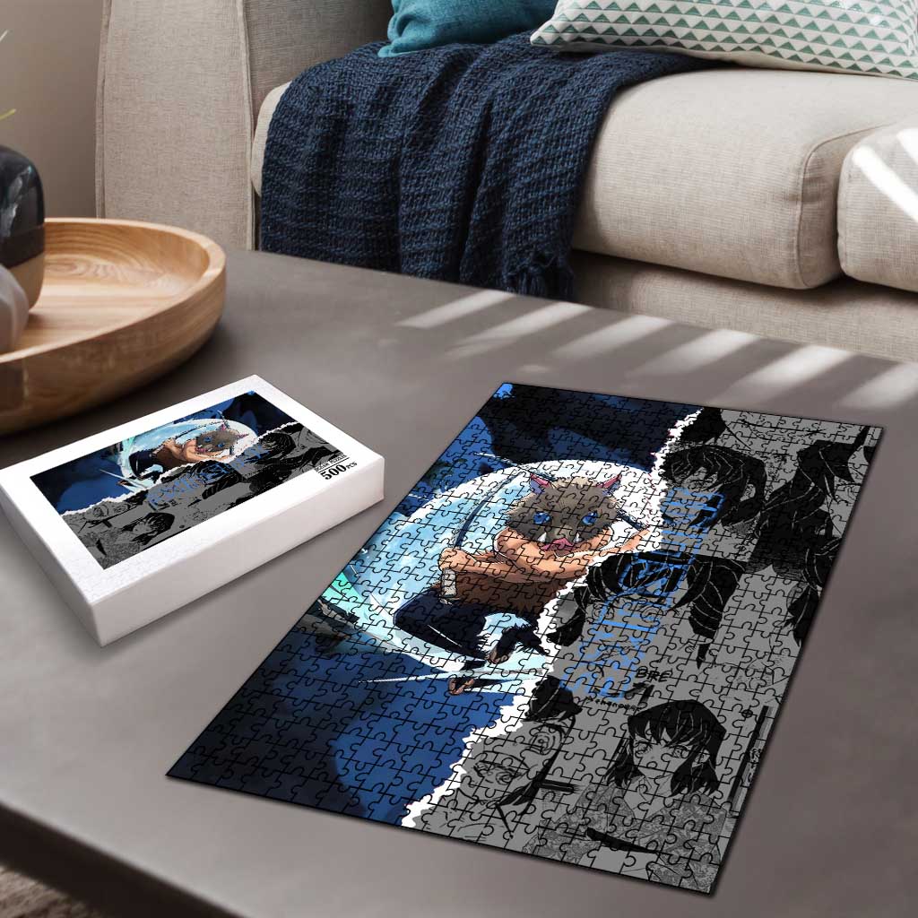 Inosuke Demon Slayer Blue and Black Theme Puzzle with Boar Mask and Manga Collage Action Design - The Mazicc