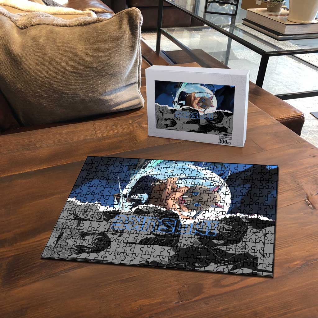 Inosuke Demon Slayer Blue and Black Theme Puzzle with Boar Mask and Manga Collage Action Design - The Mazicc