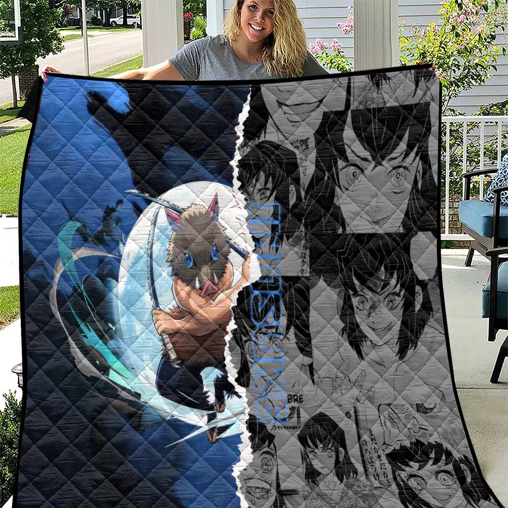 Inosuke Demon Slayer Blue and Black Theme Quilt with Boar Mask and Manga Collage Action Design - The Mazicc