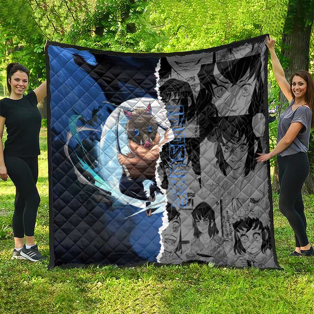 Inosuke Demon Slayer Blue and Black Theme Quilt with Boar Mask and Manga Collage Action Design - The Mazicc