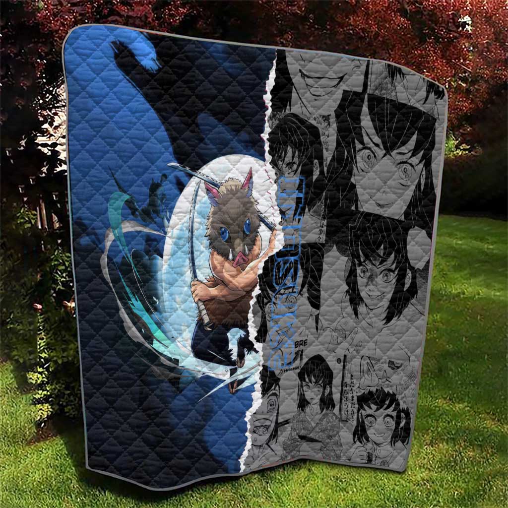 Inosuke Demon Slayer Blue and Black Theme Quilt with Boar Mask and Manga Collage Action Design - The Mazicc