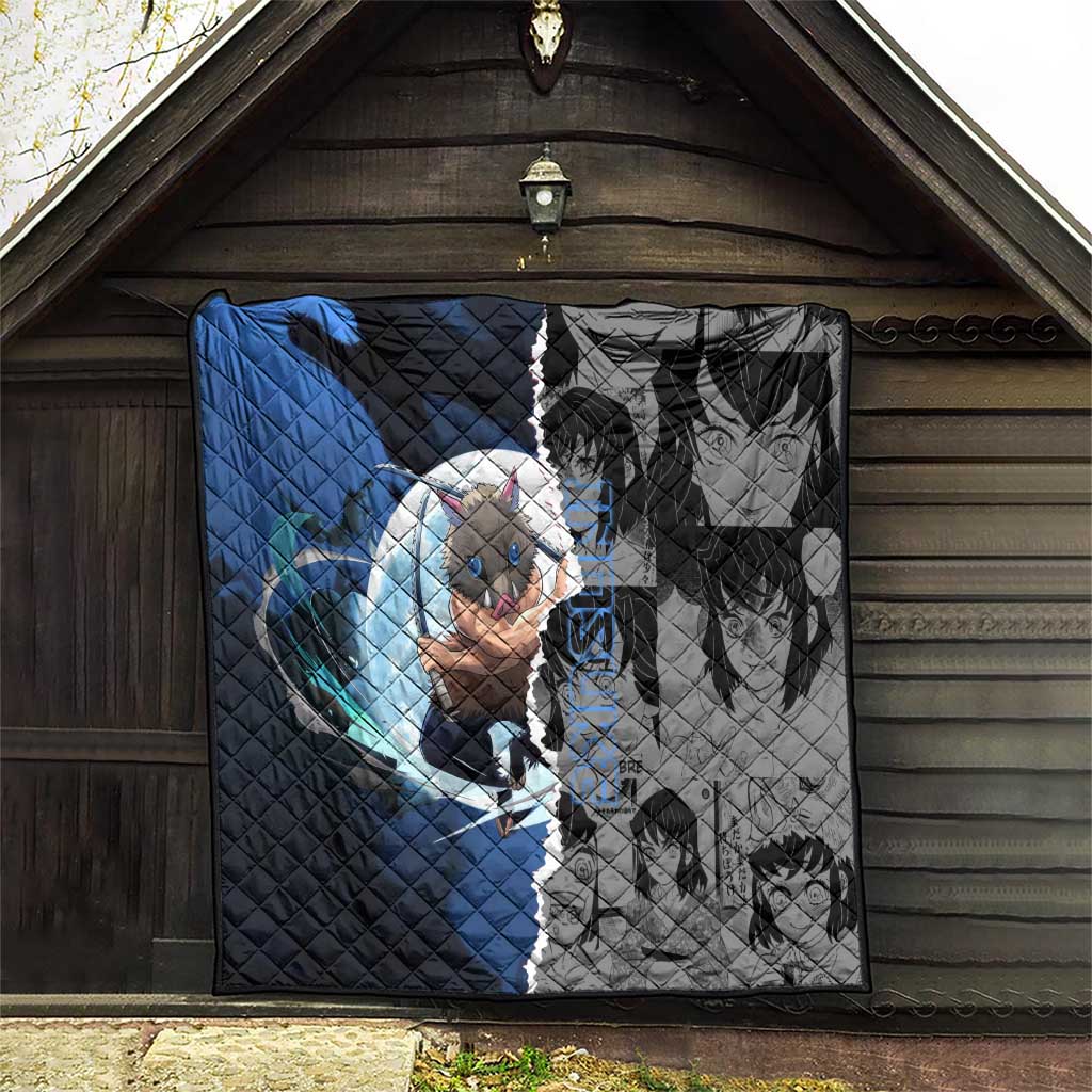 Inosuke Demon Slayer Blue and Black Theme Quilt with Boar Mask and Manga Collage Action Design - The Mazicc