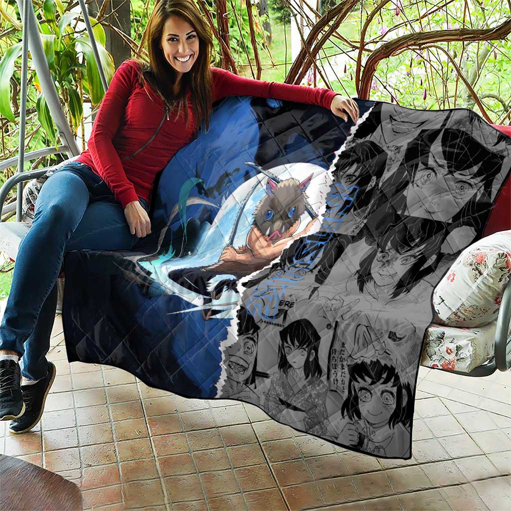 Inosuke Demon Slayer Blue and Black Theme Quilt with Boar Mask and Manga Collage Action Design - The Mazicc