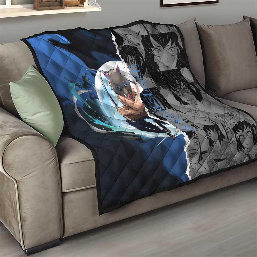 Inosuke Demon Slayer Blue and Black Theme Quilt with Boar Mask and Manga Collage Action Design - The Mazicc