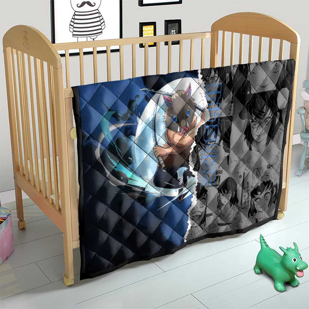 Inosuke Demon Slayer Blue and Black Theme Quilt with Boar Mask and Manga Collage Action Design - The Mazicc