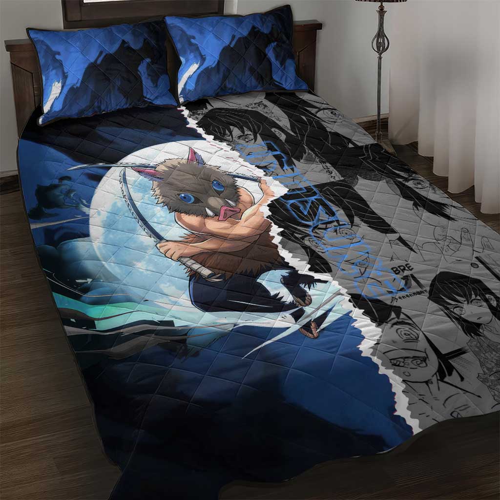 Inosuke Demon Slayer Blue and Black Theme Quilt Bed Set with Boar Mask and Manga Collage Action Design - The Mazicc