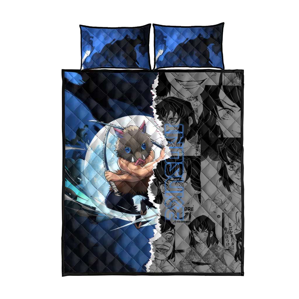 Inosuke Demon Slayer Blue and Black Theme Quilt Bed Set with Boar Mask and Manga Collage Action Design - The Mazicc