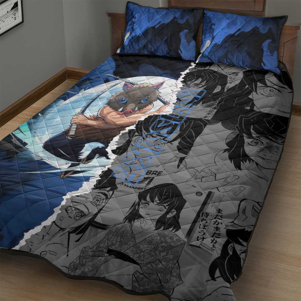 Inosuke Demon Slayer Blue and Black Theme Quilt Bed Set with Boar Mask and Manga Collage Action Design - The Mazicc