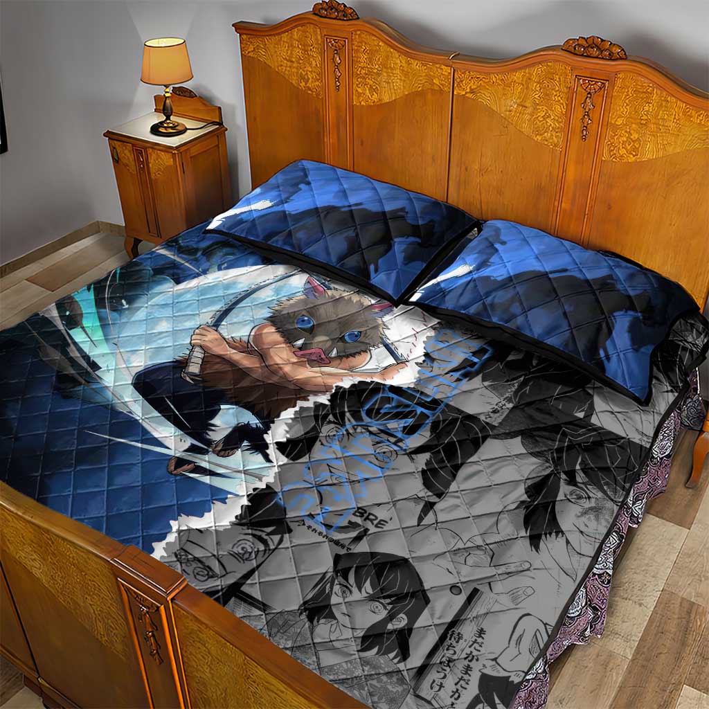 Inosuke Demon Slayer Blue and Black Theme Quilt Bed Set with Boar Mask and Manga Collage Action Design - The Mazicc
