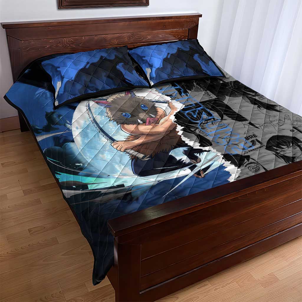 Inosuke Demon Slayer Blue and Black Theme Quilt Bed Set with Boar Mask and Manga Collage Action Design - The Mazicc
