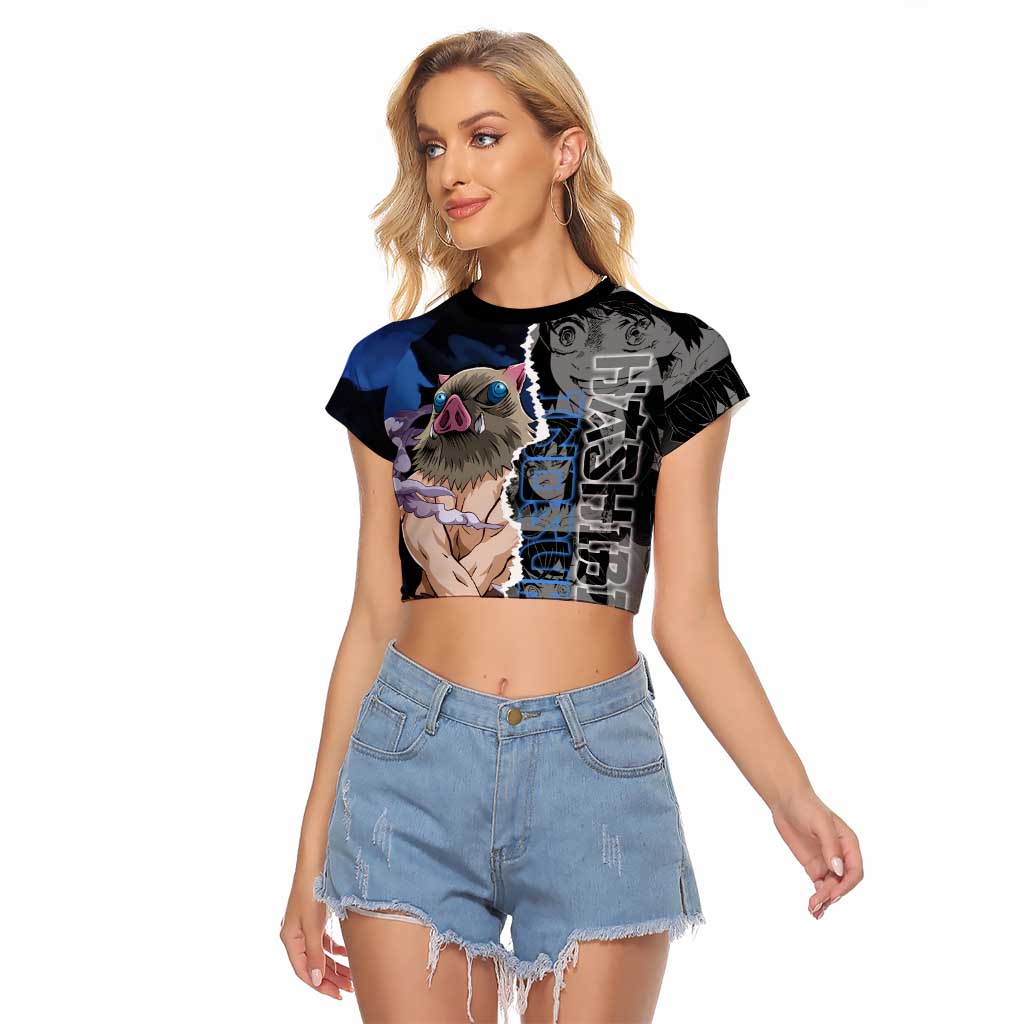 Inosuke Demon Slayer Blue and Black Theme Raglan Cropped T Shirt with Boar Mask and Manga Collage Action Design - The Mazicc