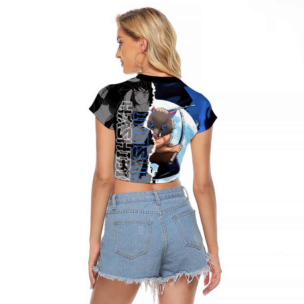 Inosuke Demon Slayer Blue and Black Theme Raglan Cropped T Shirt with Boar Mask and Manga Collage Action Design - The Mazicc