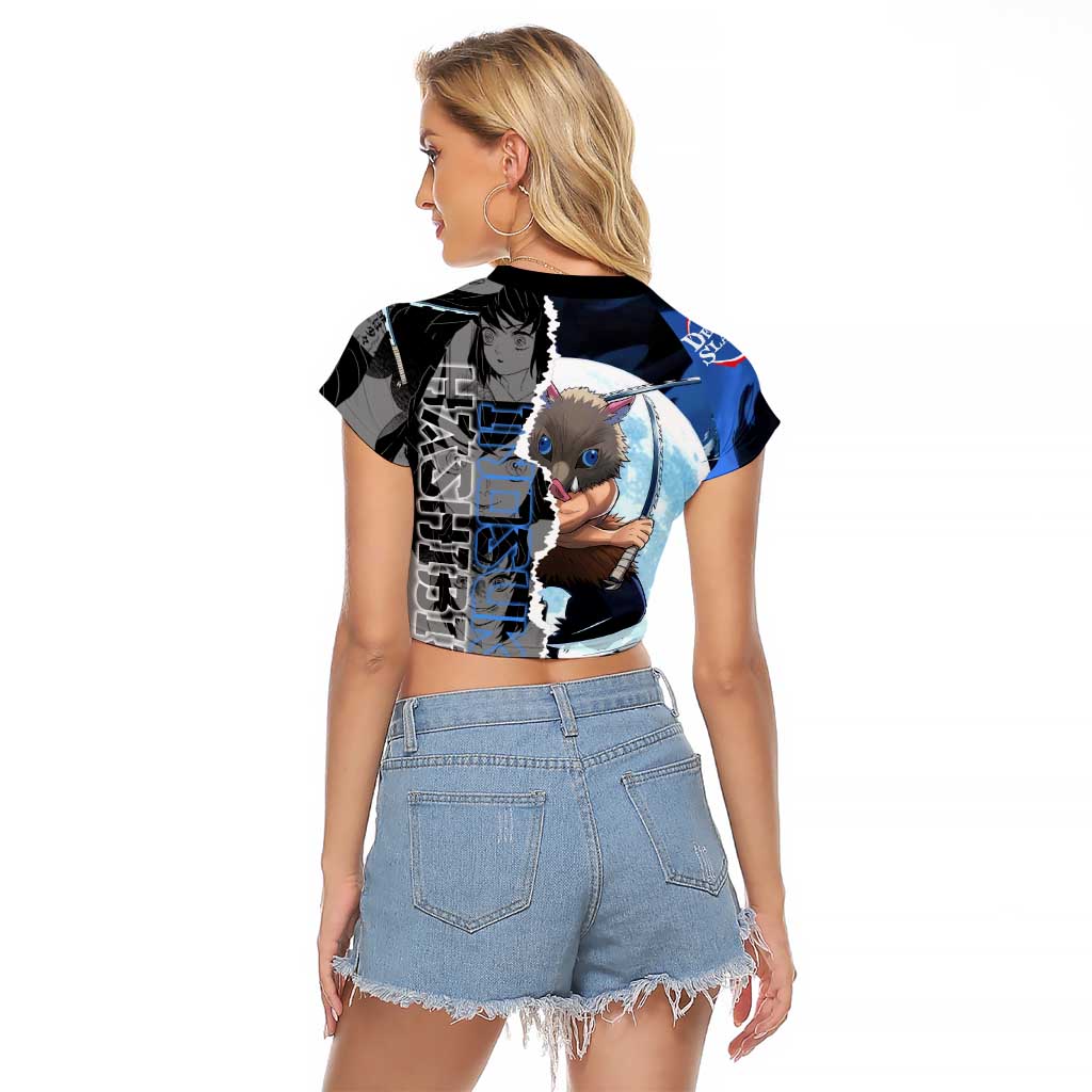 Inosuke Demon Slayer Blue and Black Theme Raglan Cropped T Shirt with Boar Mask and Manga Collage Action Design - The Mazicc
